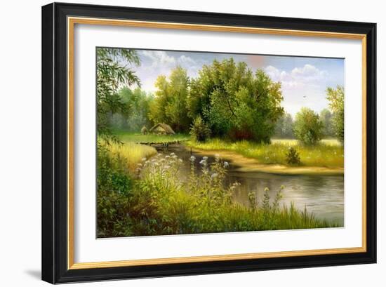 Summer Wood Lake With Trees And Bushes-balaikin2009-Framed Art Print