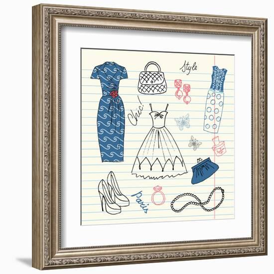 Summers Classics, Fashion Background with a Summer Dress, Shoes, Bag and Accessories-Alisa Foytik-Framed Art Print