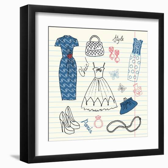 Summers Classics, Fashion Background with a Summer Dress, Shoes, Bag and Accessories-Alisa Foytik-Framed Art Print