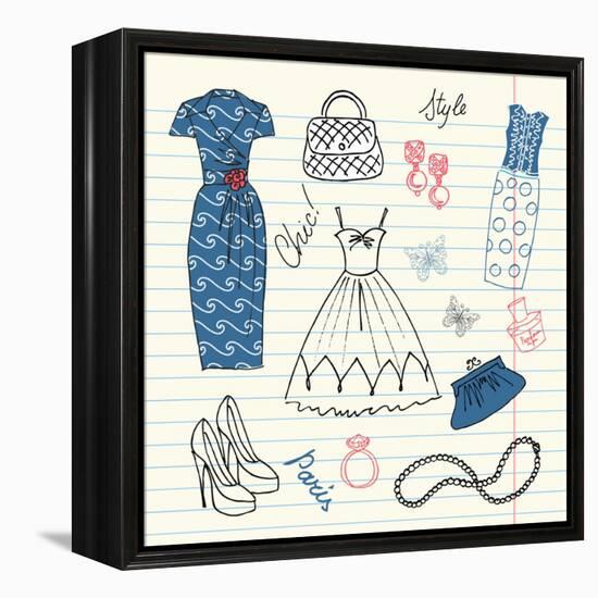 Summers Classics, Fashion Background with a Summer Dress, Shoes, Bag and Accessories-Alisa Foytik-Framed Stretched Canvas