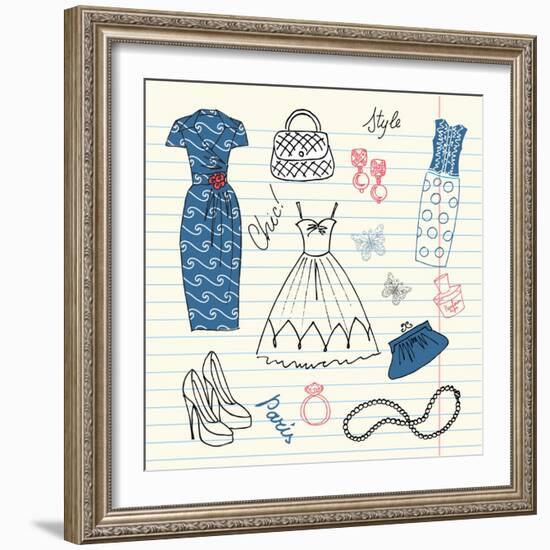 Summers Classics, Fashion Background with a Summer Dress, Shoes, Bag and Accessories-Alisa Foytik-Framed Art Print