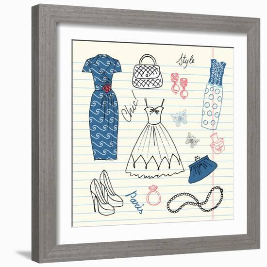 Summers Classics, Fashion Background with a Summer Dress, Shoes, Bag and Accessories-Alisa Foytik-Framed Art Print