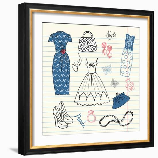 Summers Classics, Fashion Background with a Summer Dress, Shoes, Bag and Accessories-Alisa Foytik-Framed Art Print