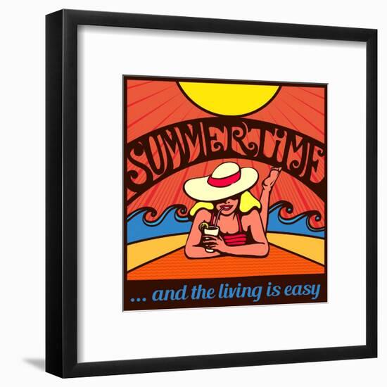 Summertime! Blond Relaxed Girl Sunbathing on a Beach with Waves and Blazing Sun, Vector Poster Desi-durantelallera-Framed Art Print