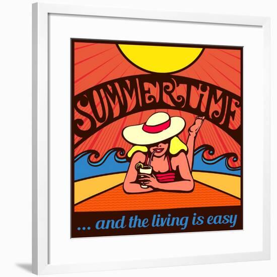 Summertime! Blond Relaxed Girl Sunbathing on a Beach with Waves and Blazing Sun, Vector Poster Desi-durantelallera-Framed Art Print