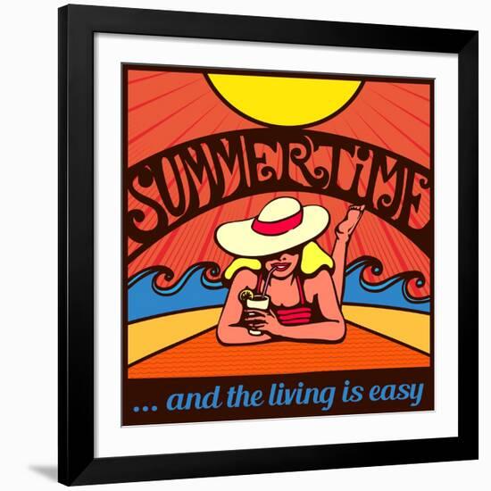 Summertime! Blond Relaxed Girl Sunbathing on a Beach with Waves and Blazing Sun, Vector Poster Desi-durantelallera-Framed Art Print