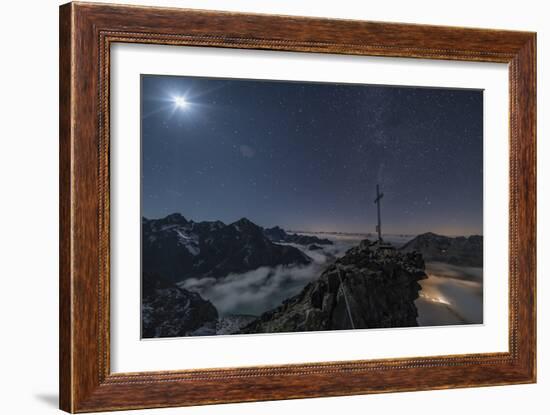 Summit Cross with Moon on Pockkogel in Kuhtai-Niki Haselwanter-Framed Photographic Print