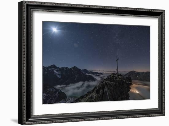 Summit Cross with Moon on Pockkogel in Kuhtai-Niki Haselwanter-Framed Photographic Print