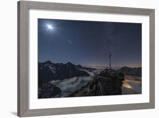 Summit Cross with Moon on Pockkogel in Kuhtai-Niki Haselwanter-Framed Photographic Print