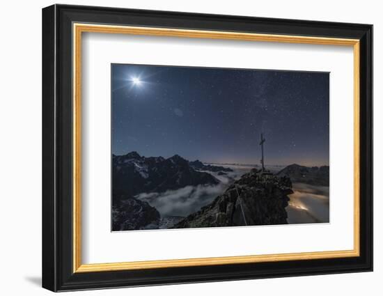 Summit Cross with Moon on Pockkogel in Kuhtai-Niki Haselwanter-Framed Photographic Print