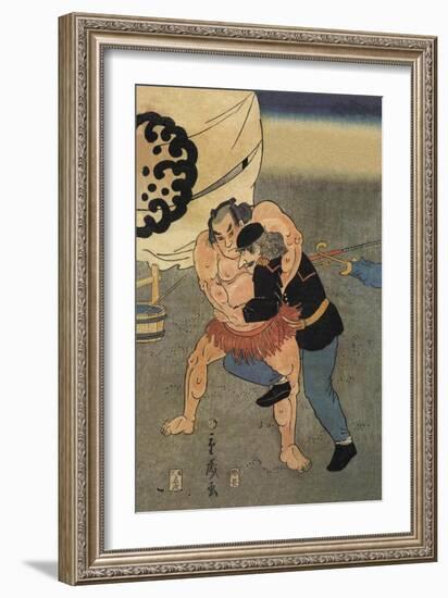 Sumo Wrestler Takes on a Foreigner-null-Framed Art Print