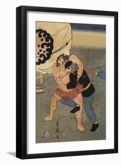 Sumo Wrestler Takes on a Foreigner-null-Framed Art Print