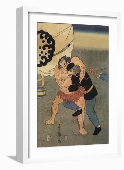 Sumo Wrestler Takes on a Foreigner-null-Framed Art Print