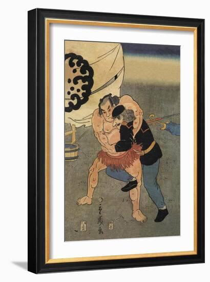 Sumo Wrestler Takes on a Foreigner-null-Framed Art Print