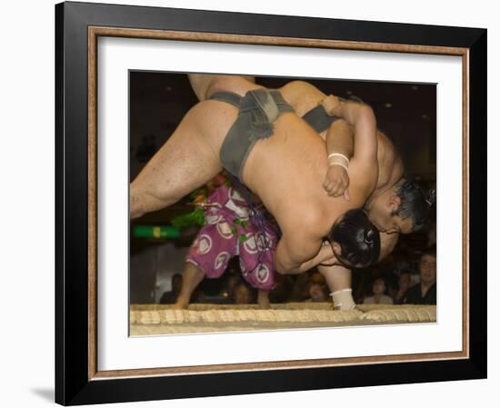 Sumo Wrestlers Competing, Grand Taikai Sumo Wrestling Tournament, Kokugikan Hall Stadium, Tokyo-Christian Kober-Framed Photographic Print