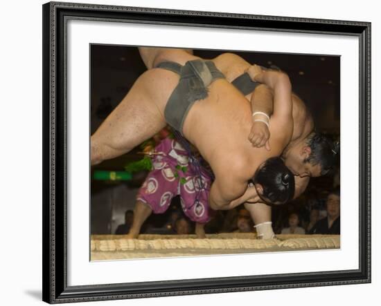 Sumo Wrestlers Competing, Grand Taikai Sumo Wrestling Tournament, Kokugikan Hall Stadium, Tokyo-Christian Kober-Framed Photographic Print