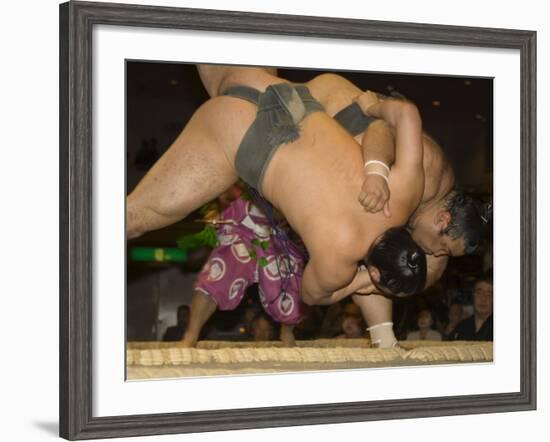 Sumo Wrestlers Competing, Grand Taikai Sumo Wrestling Tournament, Kokugikan Hall Stadium, Tokyo-Christian Kober-Framed Photographic Print