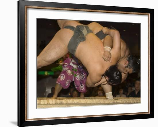 Sumo Wrestlers Competing, Grand Taikai Sumo Wrestling Tournament, Kokugikan Hall Stadium, Tokyo-Christian Kober-Framed Photographic Print