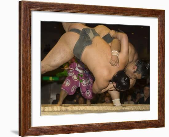 Sumo Wrestlers Competing, Grand Taikai Sumo Wrestling Tournament, Kokugikan Hall Stadium, Tokyo-Christian Kober-Framed Photographic Print