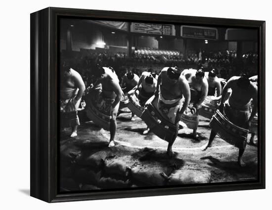 Sumo Wrestlers Performing a Ritual Dance Before a Demonstration Match-Bill Ray-Framed Premier Image Canvas