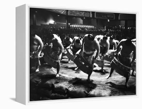 Sumo Wrestlers Performing a Ritual Dance Before a Demonstration Match-Bill Ray-Framed Premier Image Canvas