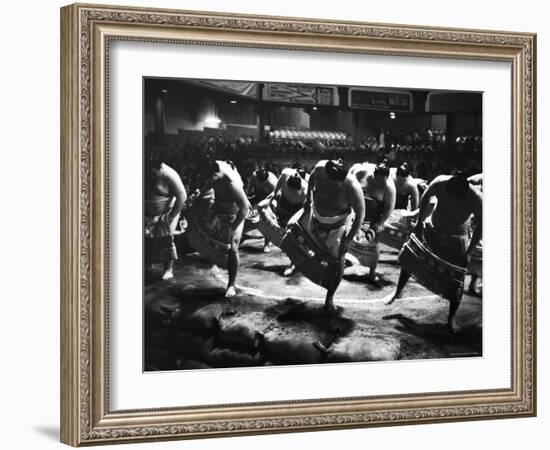 Sumo Wrestlers Performing a Ritual Dance Before a Demonstration Match-Bill Ray-Framed Photographic Print