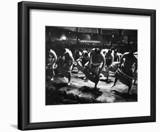 Sumo Wrestlers Performing a Ritual Dance Before a Demonstration Match-Bill Ray-Framed Photographic Print