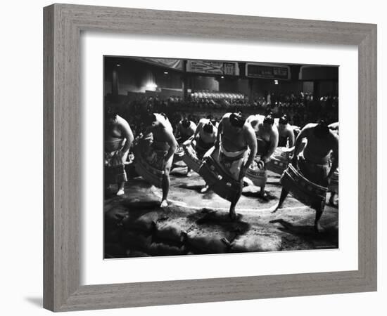 Sumo Wrestlers Performing a Ritual Dance Before a Demonstration Match-Bill Ray-Framed Photographic Print