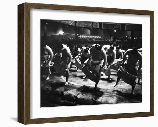 Sumo Wrestlers Performing a Ritual Dance Before a Demonstration Match-Bill Ray-Framed Photographic Print