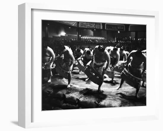 Sumo Wrestlers Performing a Ritual Dance Before a Demonstration Match-Bill Ray-Framed Photographic Print