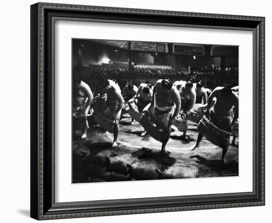 Sumo Wrestlers Performing a Ritual Dance Before a Demonstration Match-Bill Ray-Framed Photographic Print