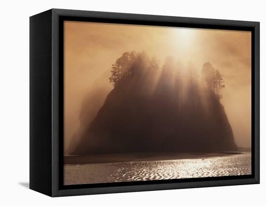 Sun Beams Breaking through Fog over Sea Stack-James Randklev-Framed Premier Image Canvas