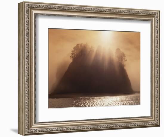 Sun Beams Breaking through Fog over Sea Stack-James Randklev-Framed Photographic Print