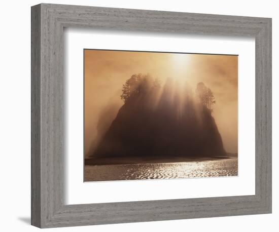 Sun Beams Breaking through Fog over Sea Stack-James Randklev-Framed Photographic Print