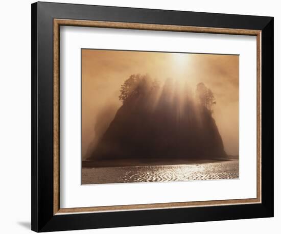 Sun Beams Breaking through Fog over Sea Stack-James Randklev-Framed Photographic Print