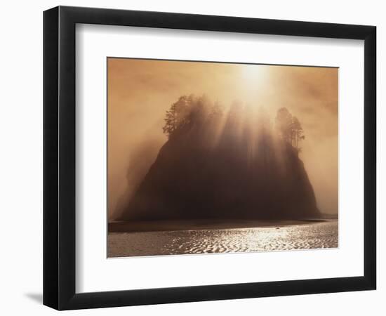 Sun Beams Breaking through Fog over Sea Stack-James Randklev-Framed Photographic Print