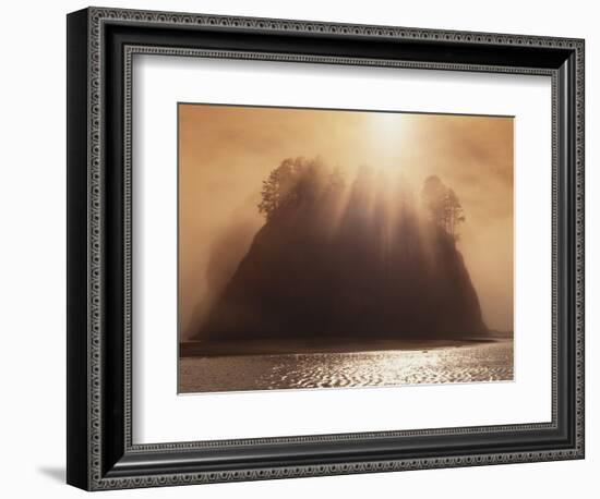 Sun Beams Breaking through Fog over Sea Stack-James Randklev-Framed Photographic Print