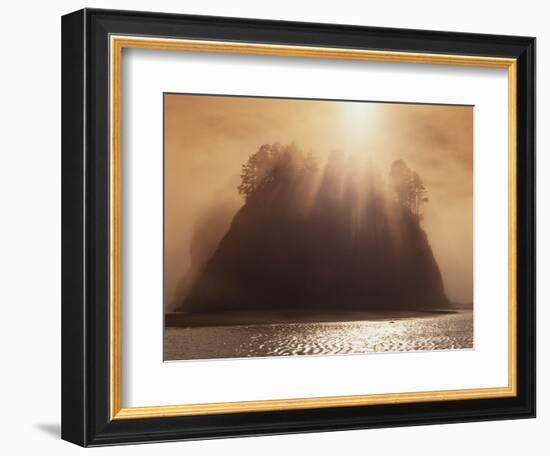 Sun Beams Breaking through Fog over Sea Stack-James Randklev-Framed Photographic Print