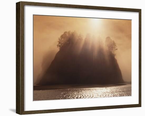 Sun Beams Breaking through Fog over Sea Stack-James Randklev-Framed Photographic Print