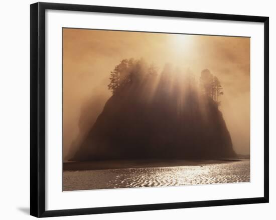 Sun Beams Breaking through Fog over Sea Stack-James Randklev-Framed Photographic Print