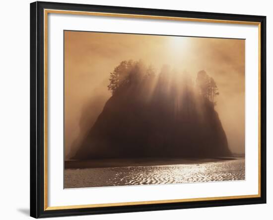 Sun Beams Breaking through Fog over Sea Stack-James Randklev-Framed Photographic Print