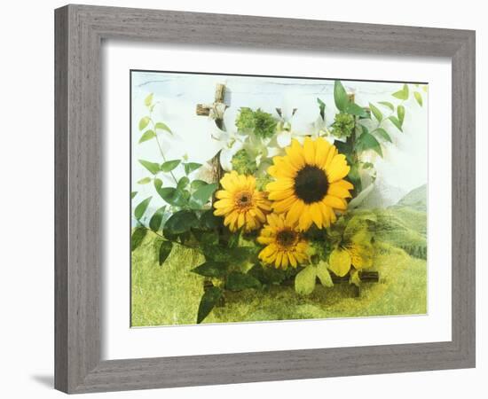 Sun Flowers And Green Vine Bouquet with Green Mountain Tops-null-Framed Photographic Print