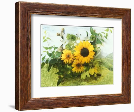 Sun Flowers And Green Vine Bouquet with Green Mountain Tops-null-Framed Photographic Print