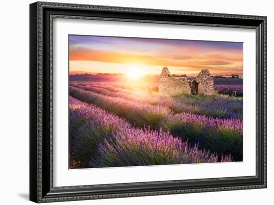 Sun Is Setting over a Beautiful Purple Lavender Filed in Valensole. Provence, France-Beatrice Preve-Framed Photographic Print