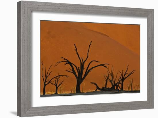 Sun Lights Up Orange Dunes & Silhouette Dread Trees Of Deadvlei Pan, Dunes In Namibia-Karine Aigner-Framed Photographic Print