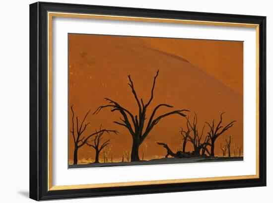 Sun Lights Up Orange Dunes & Silhouette Dread Trees Of Deadvlei Pan, Dunes In Namibia-Karine Aigner-Framed Photographic Print