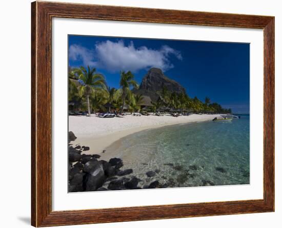 Sun Loungers on Beach and Mont Brabant (Le Morne Brabant), Mauritius, Indian Ocean-Michael Runkel-Framed Photographic Print