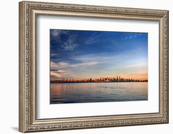 Sun Painting the City Skyline Gold, Blue Water and Sky-West Coast Scapes-Framed Photographic Print