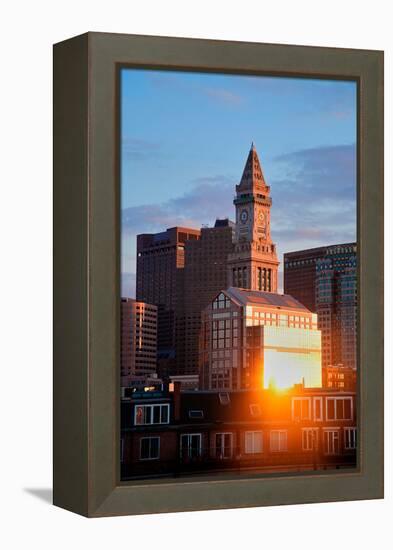 Sun reflects in windows of Boston skyline and, Commerce House Tower, Boston, MA-null-Framed Premier Image Canvas