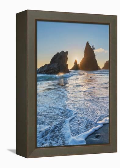 Sun setting behind Split Rock on Rialto Beach Olympic National Park, Washington State-Alan Majchrowicz-Framed Premier Image Canvas